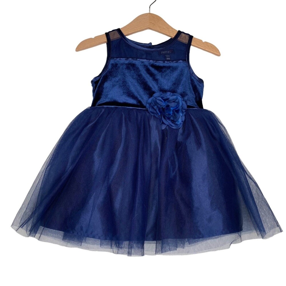 ZENZI Baby Girls Navy Velvet & Tulle Fancy Floral Girls Dress Size 18M